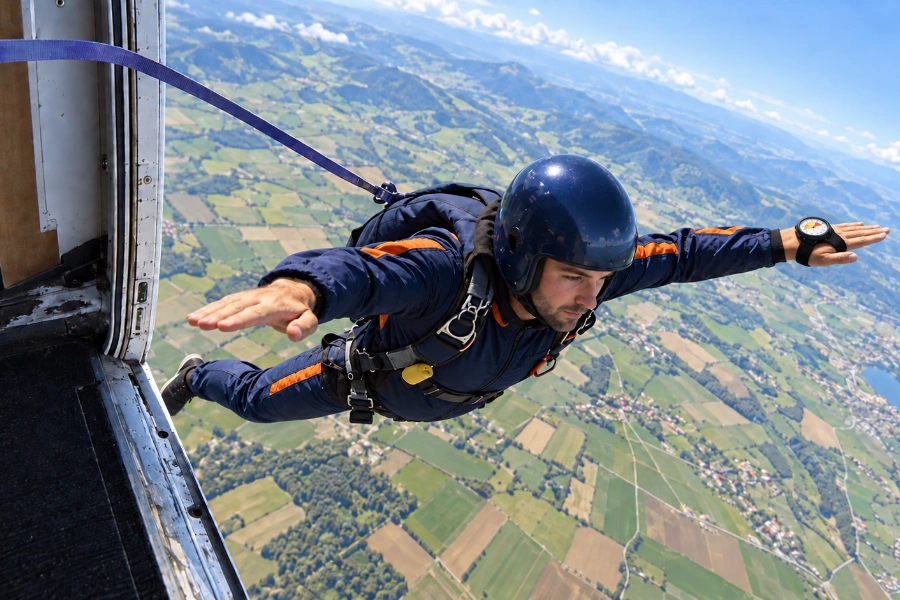 Un parachutiste quitte l’avion en ouverture automatique, avec altimètre à main et sangle reliée à l’avion.